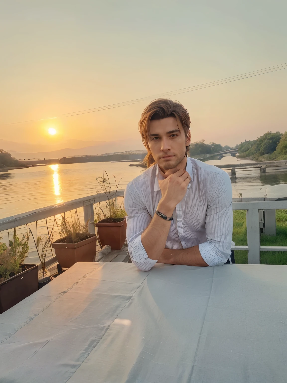 Handsome, ultra realistic, 4k, realistic, change the shirt, change hair style, long hair, ultra realistic sky, realistic sun, realistic river