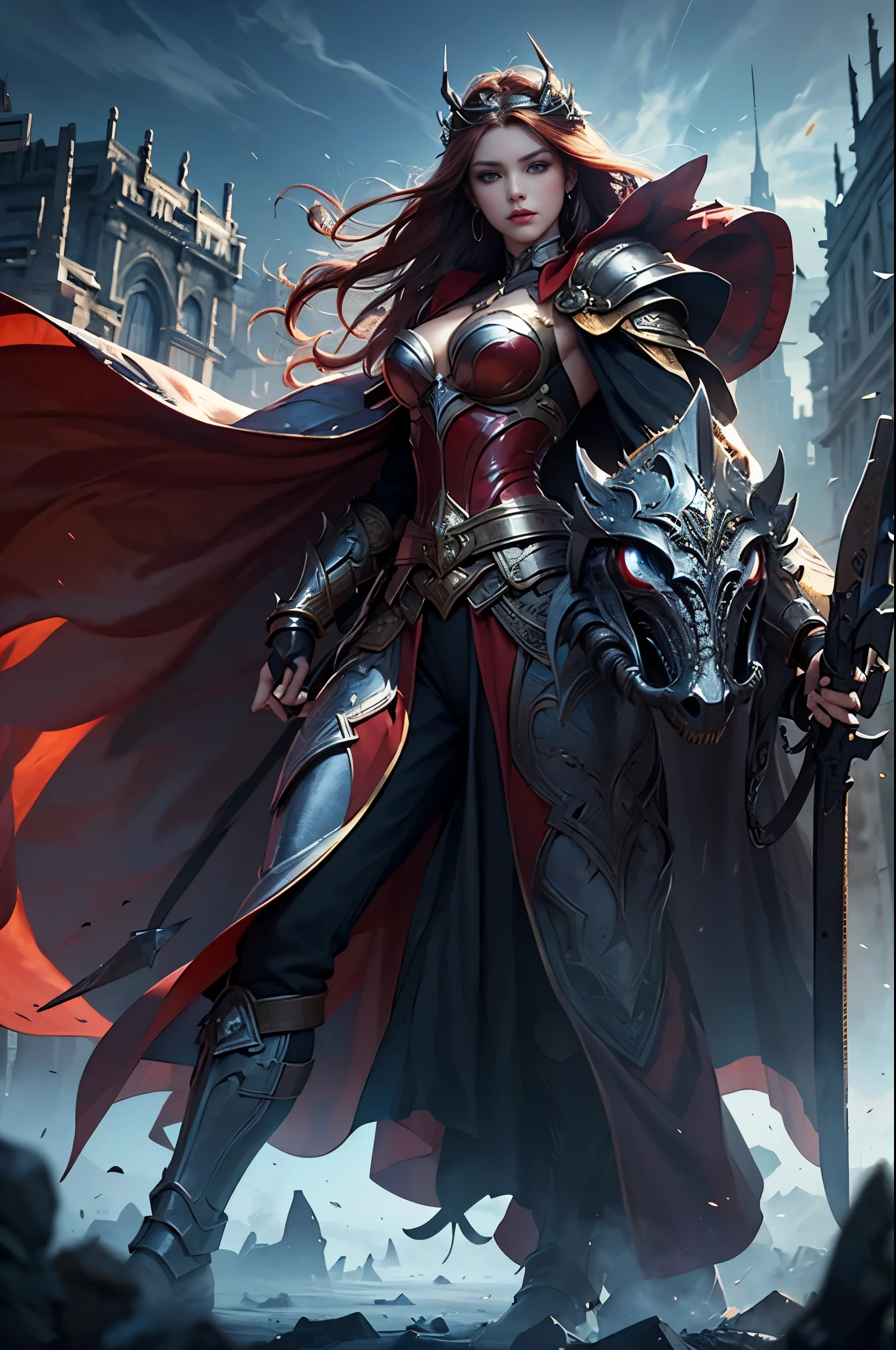 an arab woman wearing black and red armor、, a character portrait by Yang J, cg society contest winner, Fantasy Art, epic exquisite character art, Stunning character art, redhead queen in heavy red armor, 2. 5 d cgi anime fantasy artwork, epic fantasy art style, ig model | ArtGerm, epic fantasy digital art style, Battlefield Commander, Invincible female general, brave, Awe-inspiring Hall々, extremely detailed and beautiful eyes, perfect supermodel body, Cloak wrapped in the wind, Battle Master, Veteran Warrior, incarnation of athena, Best Quality, Perfect Angle, perfect-composition, Best Shots, Official art, ciinematic light