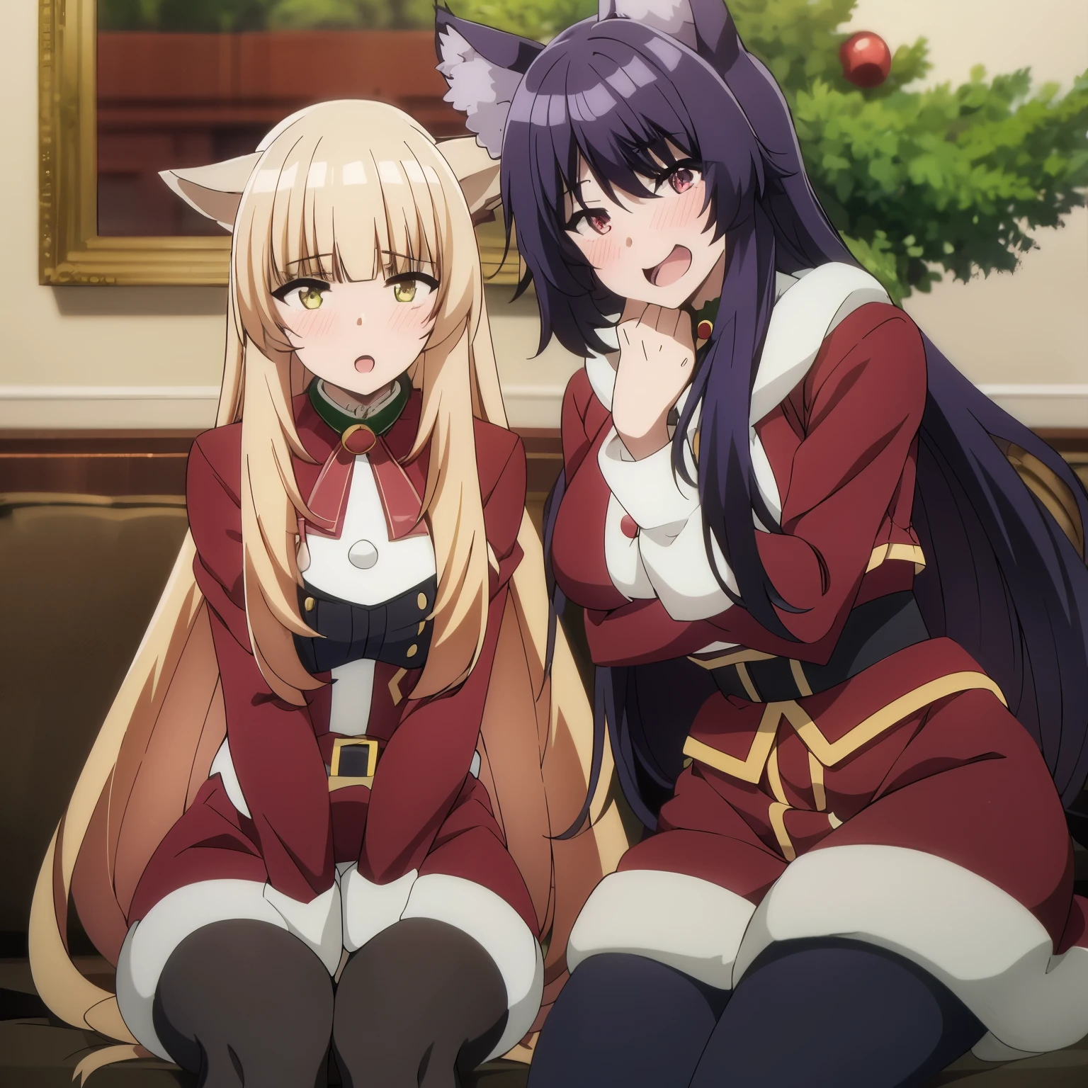 ((duo, 2 females)), Rose Oriana, Delta, masterpiece, best quality, Red puffy Christmas outfit, Black stockings, Wolf Ears