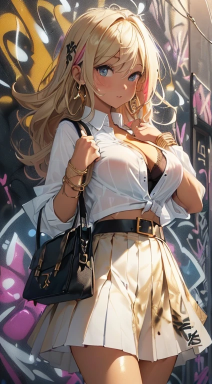 piece
(masuter piece、best qualtiy、ighly detailed、photoRealstic、超A high resolution)、 ((Colorful graffiti art background at night:1.5)、(highly detailed night background))、 (One Beautiful Girl、Long Blonde Hair、ighly detailedな顔、ighly detailedな目、二重まぶた、Open your mouth wide and stick your tongue out、Ecstatic face、(Blue earrings)、Thick lip)、 ((Tie the white shirt at the belly on:1.3)、(ng off her exposed blue bra under her open white shirt:1.7)、(tight black pleated skirt:1.6)、(Blue sexy pant:1.4)oe、(((((white thick loose socks、Gold Bracelet、Gold Belt、Black bag))))))、 (medium chest、slim waist、skin tanned:1.7)、(walking looking down 1.5)、(Super close-up looking up diagonally from below:1.5)、ultra close up、NSFW、Scale to fit image