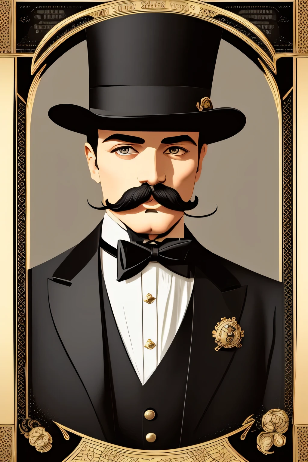 there is a poster of a man with a mustache and a top hat, vector art inspired by Frank Xavier Leyendecker, tumblr, art nouveau, top hat and luxurious moustache, wear an elegant mustach, epic and classy portrait, dignified aristocrat, gentleman, steampunk male portrait, in style of digital illustration, leyendecker style, art deco portrait