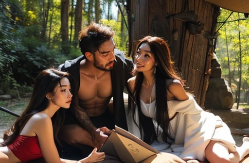 Muscular Handsome European ( tall&==((short-haired))) shirtless barbarian man absolutely surrounded and being hugged and touched by (((three))) y women punk primitive harem girlfriends biteling his muscles and groin, women: curvy with wide hips and nice asses in fring sexy primitive tasy clothing, tunics and togas and robes and dresses,n: black hair and blonde and redhead, European and Asian and middle eastern and African and indigenous , each person has a different hair color and race and skin color, three of the hottest women to ever live , loving this man, the three women share him as a boyfriend and enjoy helping him feel pleasure together, there are so many gorgeous women are here around this one man, expressions of ecstasy and joy and loveir faces, wrestling , hugging, tackling, massaging, grinding, Flirtatious, sexy medieval fantasy clothingde of fur and silk, lounging in a tent in a magical forest, worshipping him, sexual, kissing, sexualized positglowing glisteninskin, tattoos, , jewelry, faces of pleasure and joy, pressing themselves together, romance novel cover poses, women competing for attention , one woman to his right and one woman to his left and one woman behind him, full body shot, (((ONLY ONE MAN))), orgy,