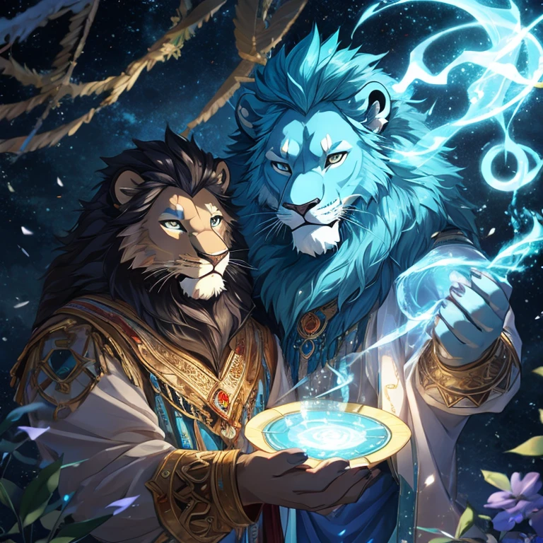a lion,blue colors,cyan colors,peacful,Magic
