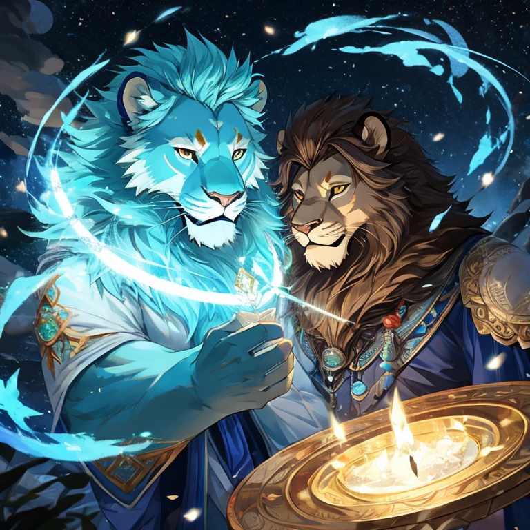 a lion，blue colors，cyan colors，peacful，Magic