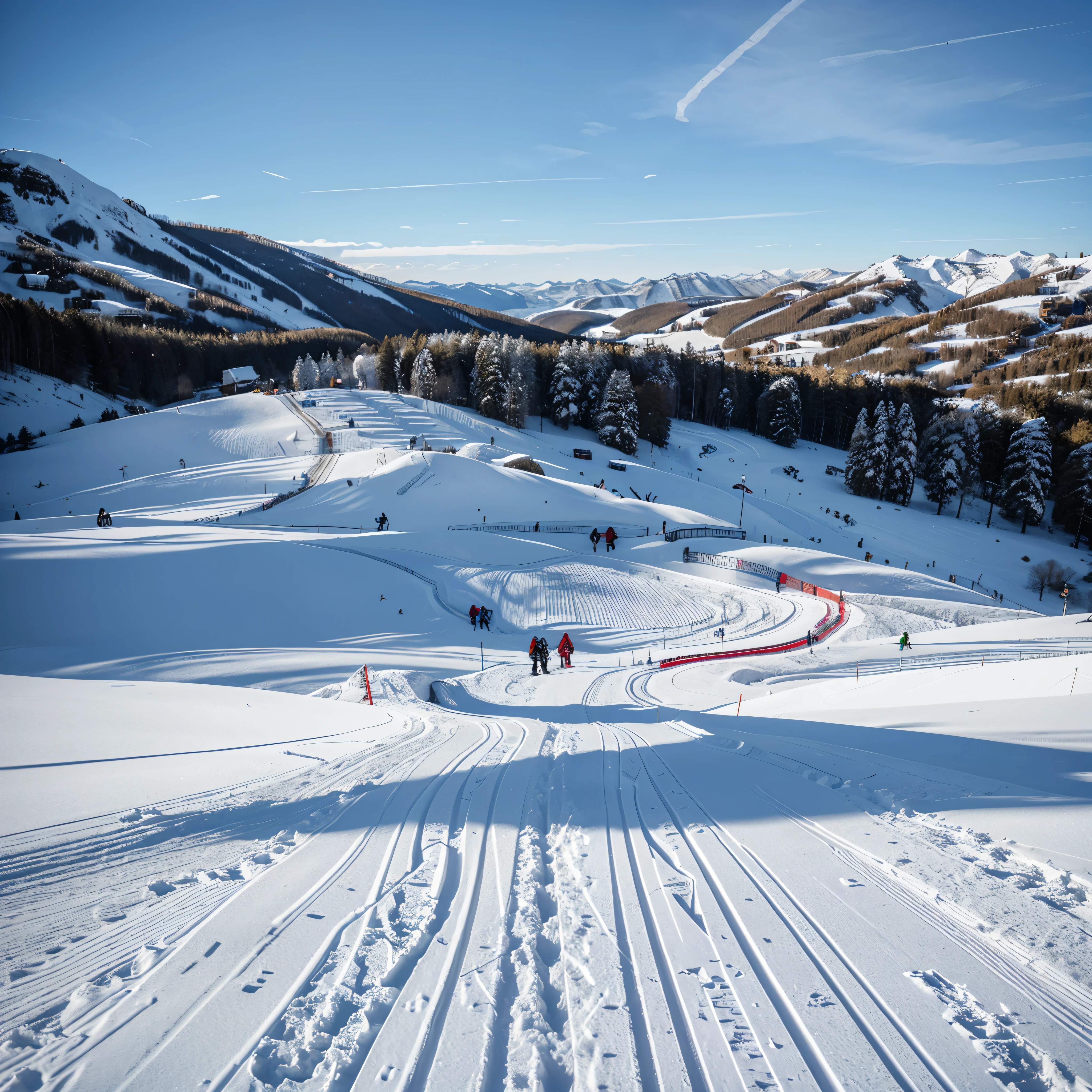 ski slopes: Exciting trails of glistening snow, It invites enthusiasts to carve through the hills and enjoy the thrilling rush..