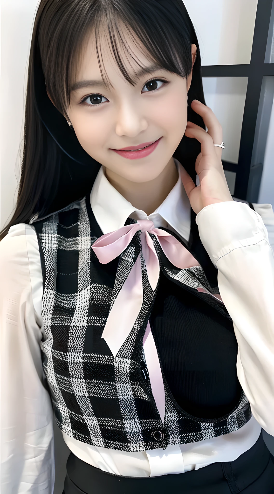 Delicate beautiful girl，Japanese, 18year old, goddes，Fairy air flutters，beautidful eyes，Charming eyes，Moisturized lips，cabelos preto e longos，Detailed depiction of the face，Representation depicted in detail，Detailed depiction of facial features，Master masterpieces，finedetail，Characterize the character in detail，Detailed depiction of hair，Sexy body carefully drawn，the body is bumpy，Detailed depiction of the hand，Clothes drawn in detail，Detailed depiction of the face，face perfect，Detailed arms,（upper limbs：1.3），（Finely drawn hands，Four fingers with one thumb：1.3），Beautiful legs，orthofacial，choker necklace，lipsticks，eardrop，，Photo of three-quarters，Works of masters，Infinitely close to reality，（Full body photo：1.3），infinite details, BREAK (white and gray theme:1.3), (wearing in [[white and gray check pattern]] Vest over white collared long-sleeved shirt:1.4), (gray vest with buttons:1.2), BREAK (Pink Theme:1.2), (pink ribbon bow:1.3), BREAK (Black theme:1.4), (tight pencil skirt:1.5), (pantyhose:1.3), (high-heels:1.1), BREAK (Gentle smile:1.3), (High Detail Skin:1.2),spectacular movie lighting, Octane Rendering, Office Desk,