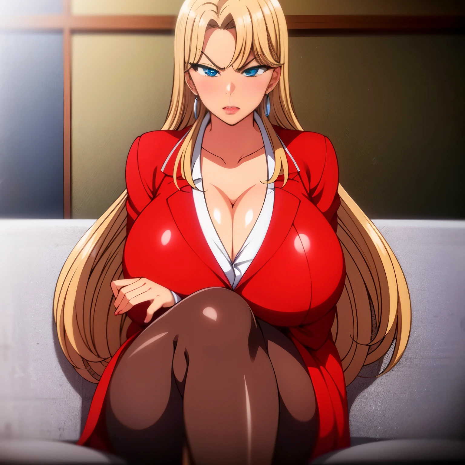 ((solo, 1 female)), mature female, masterpiece, best quality, (huge breast), long hair, yellow hair, blue eyes, blush, full body, indoors, White shirt in red jacket, serious, angri face:0.8, sitting on Sofa, Black Stockings, red high heels