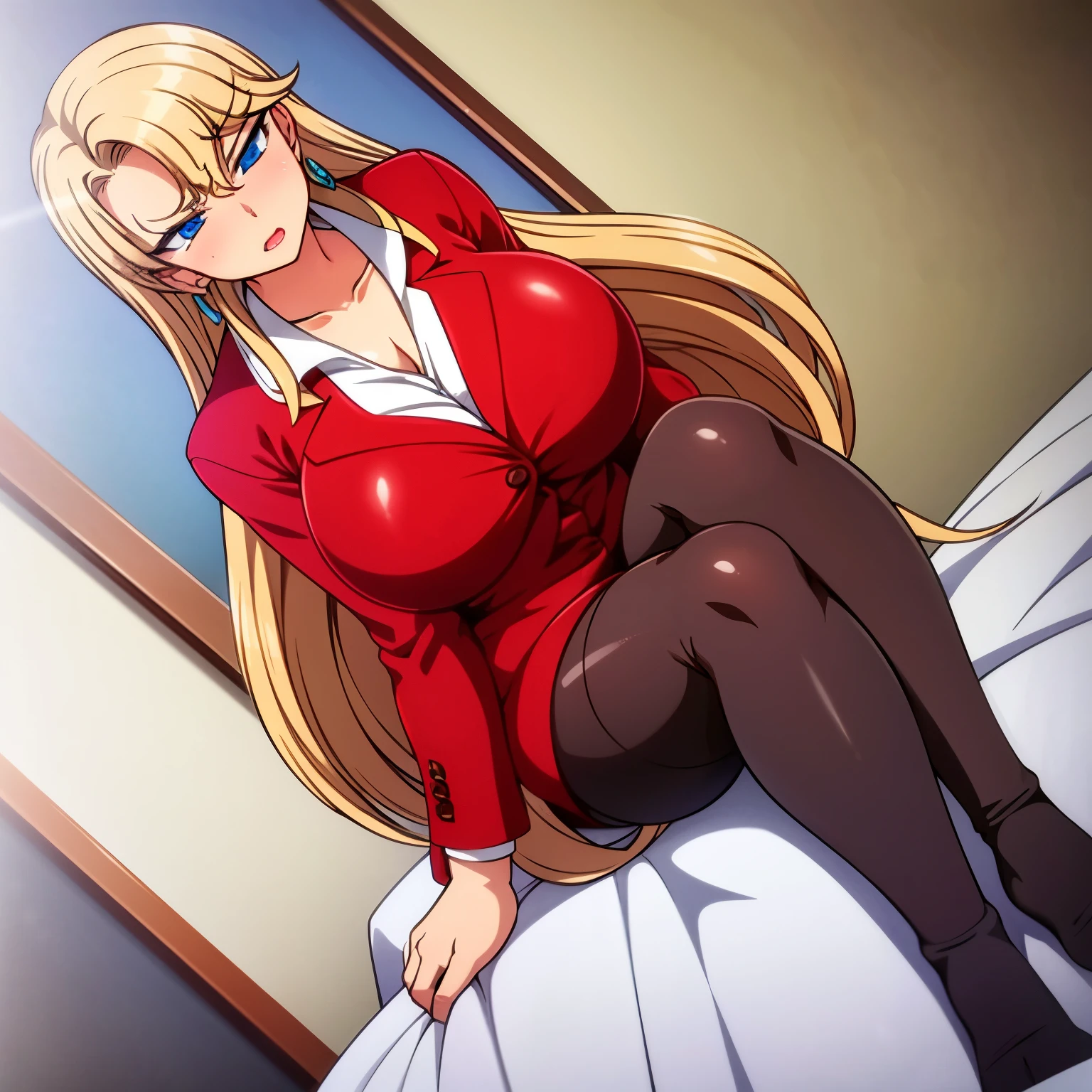 ((solo, 1 female)), mature female, masterpiece, best quality, (huge breast), long hair, yellow hair, blue eyes, blush, full body, indoors, White shirt in red jacket, serious, angri face:0.8, sitting on bed, Black Stockings