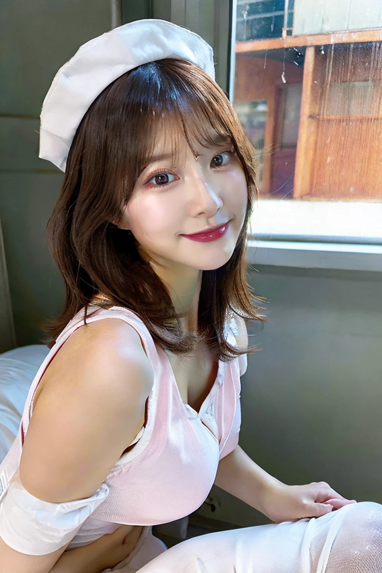 masutepiece, Best Quality, Illustration, Ultra-detailed, finely detail, hight resolution, 8K Wallpaper, Perfect dynamic composition, Beautiful detailed eyes, Top and bottom pink underwear,Bob Hair, mid-chest, Natural Color Lip, Random and sexy poses,Smile,20 years girl、Colossal tits、Hospital Rooms、White nurse cap、White tights、White nurse uniform、Panchira、Pinching a syringe in the chest