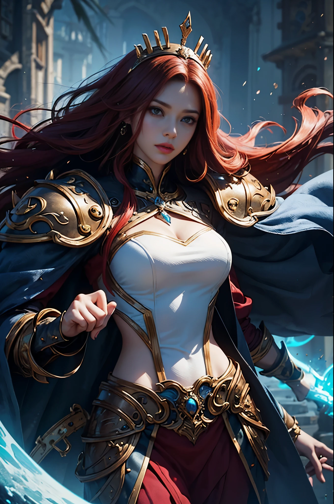 an arab woman wearing black and red costume、, a character portrait by Yang J, cg society contest winner, Fantasy Art, epic exquisite character art, Stunning character art, redhead queen in heavy red armor, 2. 5 d cgi anime fantasy artwork, epic fantasy art style, ig model | ArtGerm, epic fantasy digital art style, Battlefield Commander, Invincible female general, brave, Awe-inspiring Hall々, extremely detailed and beautiful eyes, perfect supermodel body, Cloak wrapped in the wind, Battle Master, Veteran Warrior, incarnation of athena, Best Quality, Perfect Angle, perfect-composition, Best Shots, Official art, ciinematic light