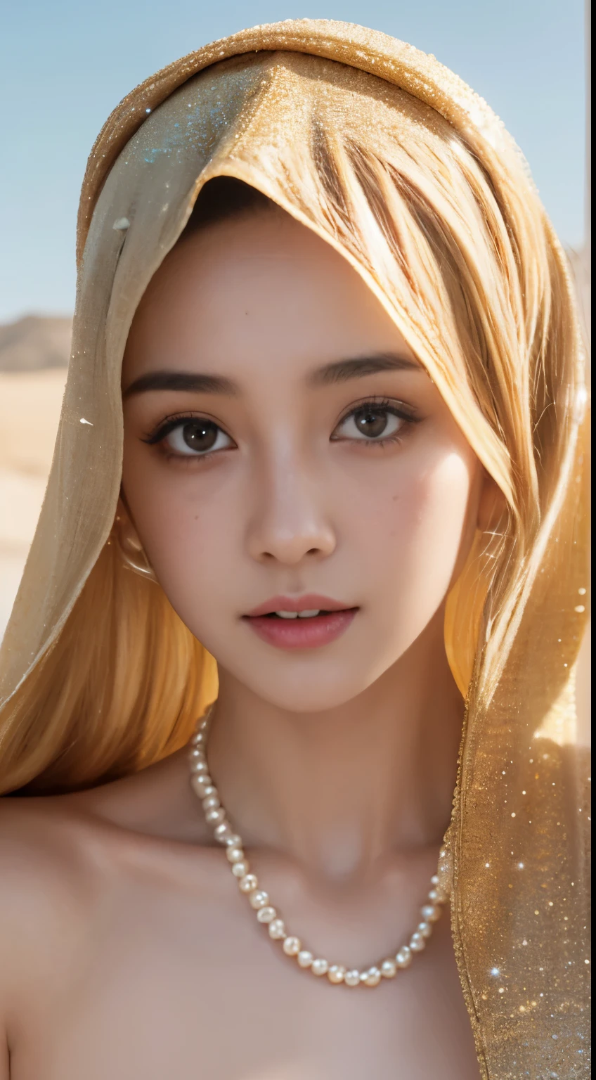 nsfw, (((topless))),,Dilraba Dilmurat, hijab, jilbab, muslim face mask, mouth veil, freckles, eyes mascara, masterpiece, best quality, photorealistic, glowing sparkly skin, soft lighting, voluptuous, windy desert, blowing swirling sand grains, sunny backlighting, bloom, light sparkles, sharp focus, colorful liquid gel rain, close up, fashion designer, resplendent tiny pearls necklace, Halloween pumpkin theme background, baroque
