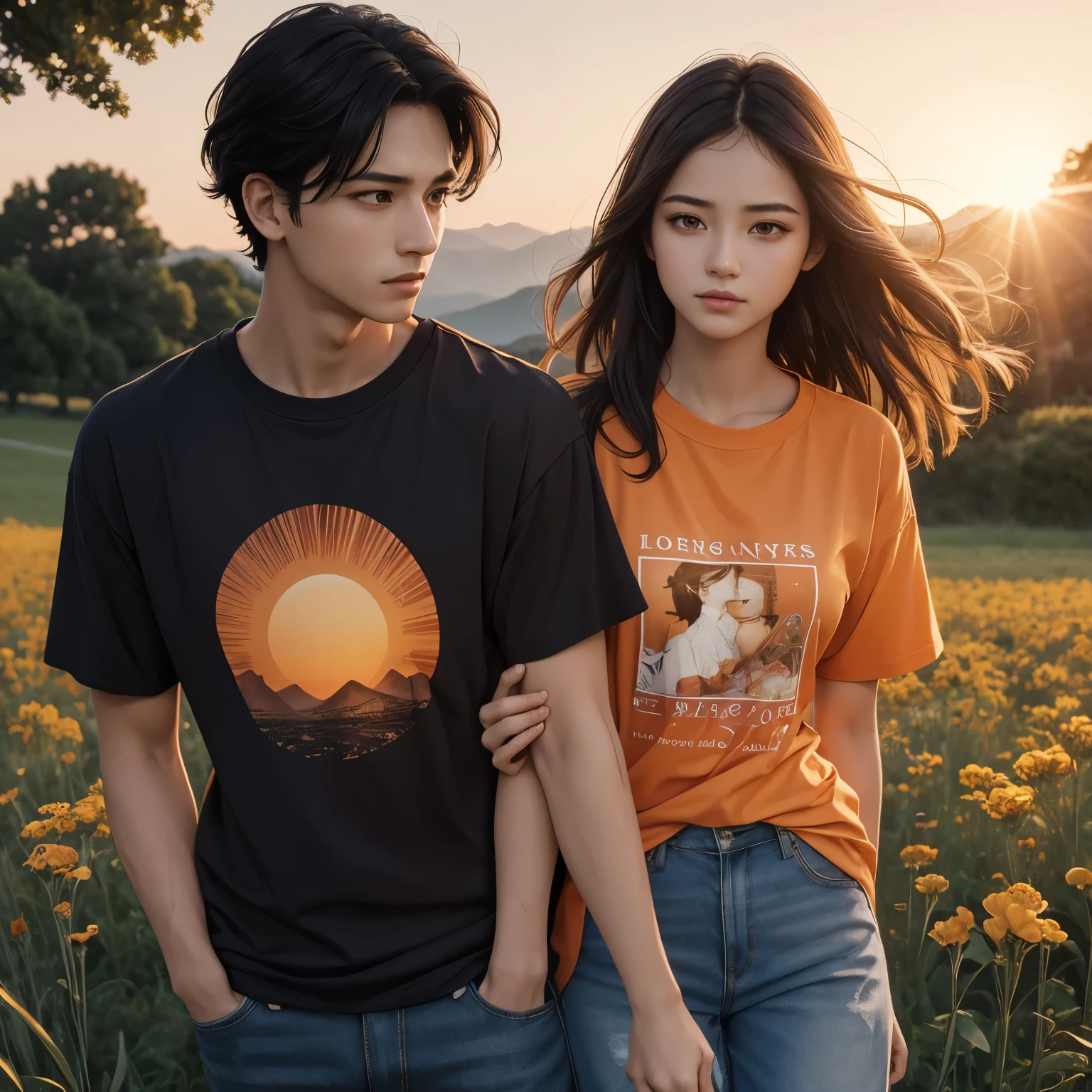 Masterpiece, best quality, {best quality}, {{masterpiece}}, {highres}, {{{field field}}, extremely detailed couple, illustration, couple, 1boy, 1girl, couple, love, love, romantic, sharp focus, male focus, female focus, black hair, violet eyes, sun, sunlight, lifting, surprised, envy, orange sky, t-shirts, men's leisure clothes, expressionless, women's fashion