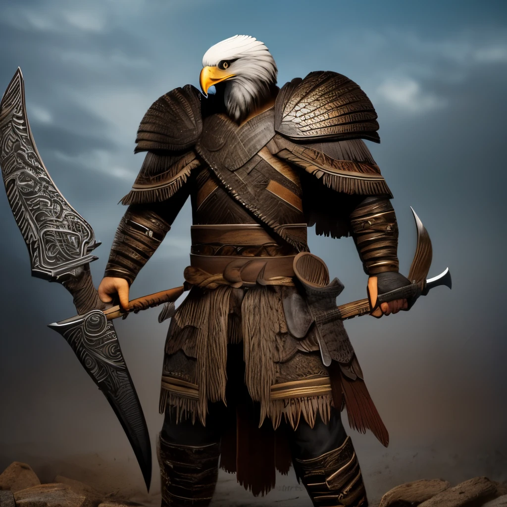 25 years old male, body of a man, head of an eagle, talons for hands, barbarian, double headed great axe sword, covered in hides of many animals, loves drinking,