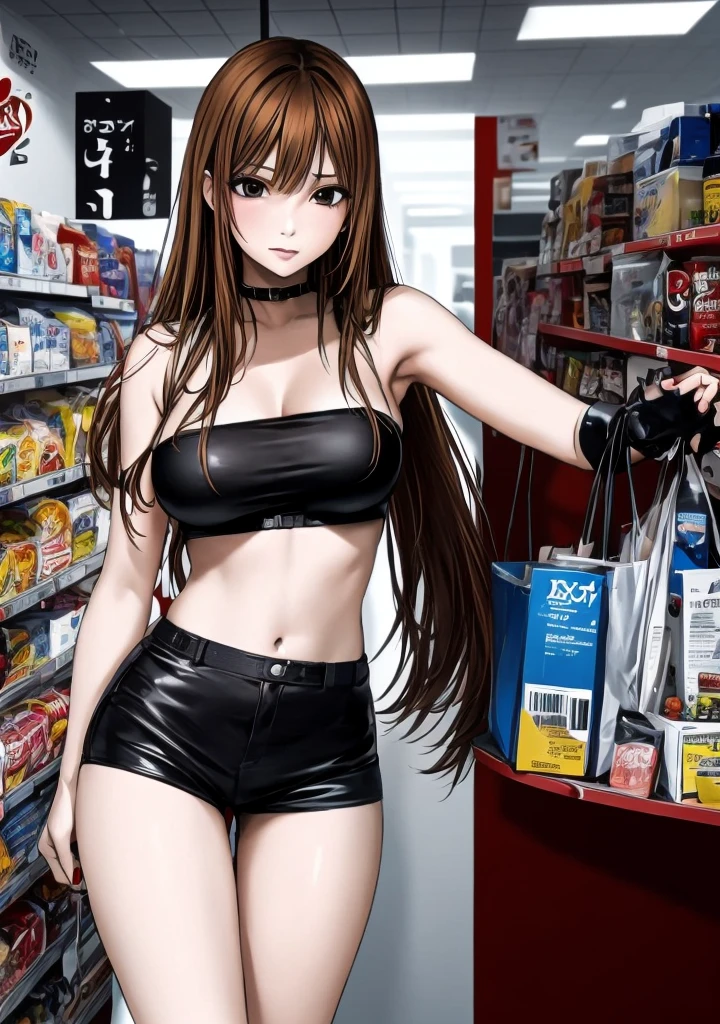 A beautiful adult woman with long, shoulder-length hair, big breasts, beautiful legs, and a sharp face is standing at a convenience store wearing a black tube top that exposes her navel and black hot pants that look like panties, with her legs spread and an irritated expression on her face. is being watched by a middle-aged man in a suit。