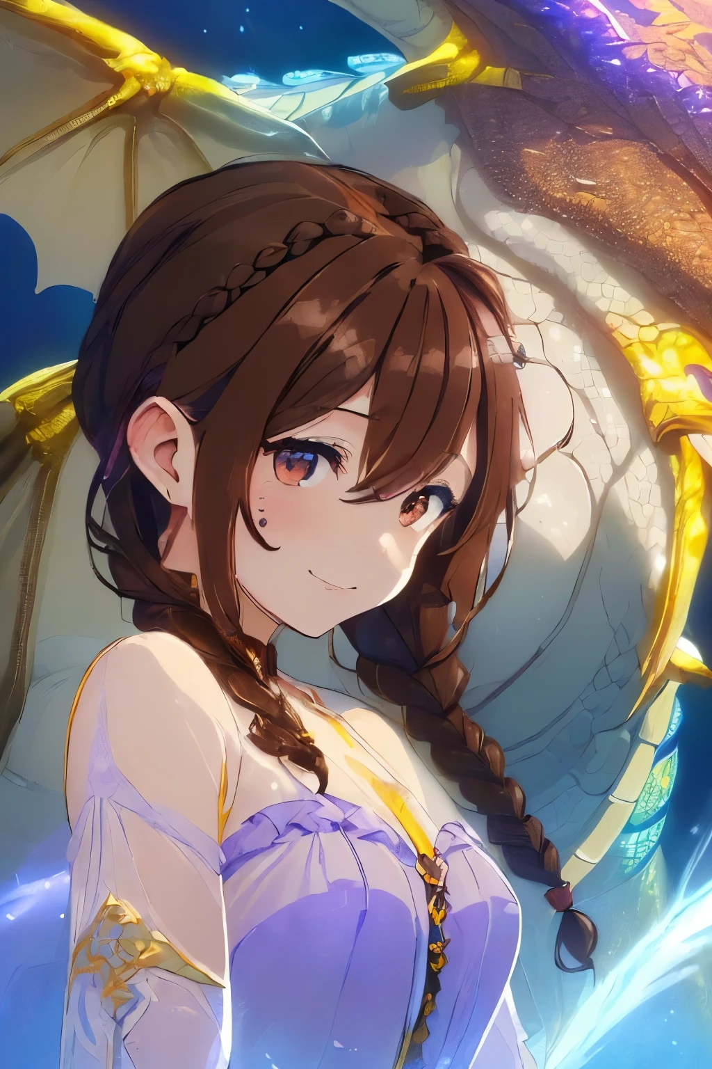 ((Brown hair:2.0)),((Braided shorthair:1.5)),((With black eyes)),Slight red tide,(Luxurious transparent dress with open chest:1.5),(Dragon's horn:1.75),(fluffy cloak),(stylish five finger gloves:1.2),(Ruffled ornament:1.25),(Accessories and hair ornaments with flower motifs),(Usamimi:1.7),(Watch with a shy smile),(active movement:1.25),It's snowing a little,(The colors of the clothes are light purple, white, yellow, and blue.:1.5),(close up of face:1.25),(Illustration of an oversized dragon in the background:1.5),Fantasy world