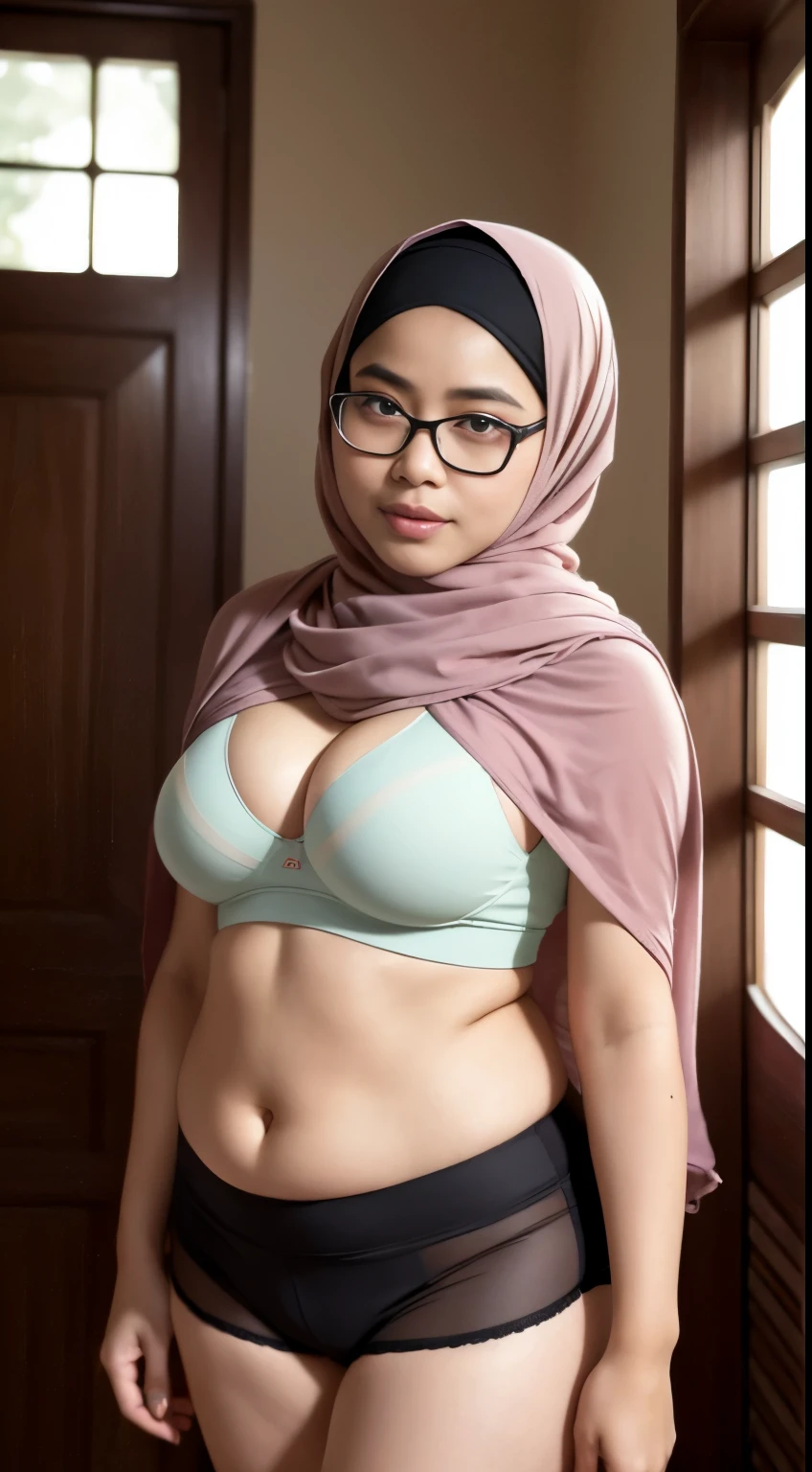 (iu:0.8),((small breast)),  chubby, RAW, Best quality, high resolution, Masterpiece: 1.3, Beautiful glasses javanese woman in translucent hijab, Masterpiece, Perfect slim body, Beautiful big eyes, Soft smile, Wearing sports bra and shorts