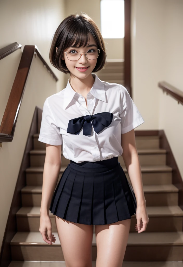 8k,cinematic lighting,top-quality,Top image quality,masterpiece,best quality,depth of field,ultra-detailed,from below,Standing,(mideum shot),(full body shot),1girl,Japanese,22 years old,(Gyaru:1.2),(Black hair,very short messy bobcut:1.2),(Oval light brown cell frame glasses:1.2),detailed brown eyes,(slender body:0.7),((flat chest:1.5)),slightly large hip,(tanned skin), school stairs, JP SCHOOL UNIFORM,22 years old,face,(navy skirt),looking at viewer,navy highsocks,white panty,smiling,lift skirt,skirt lift,panties,