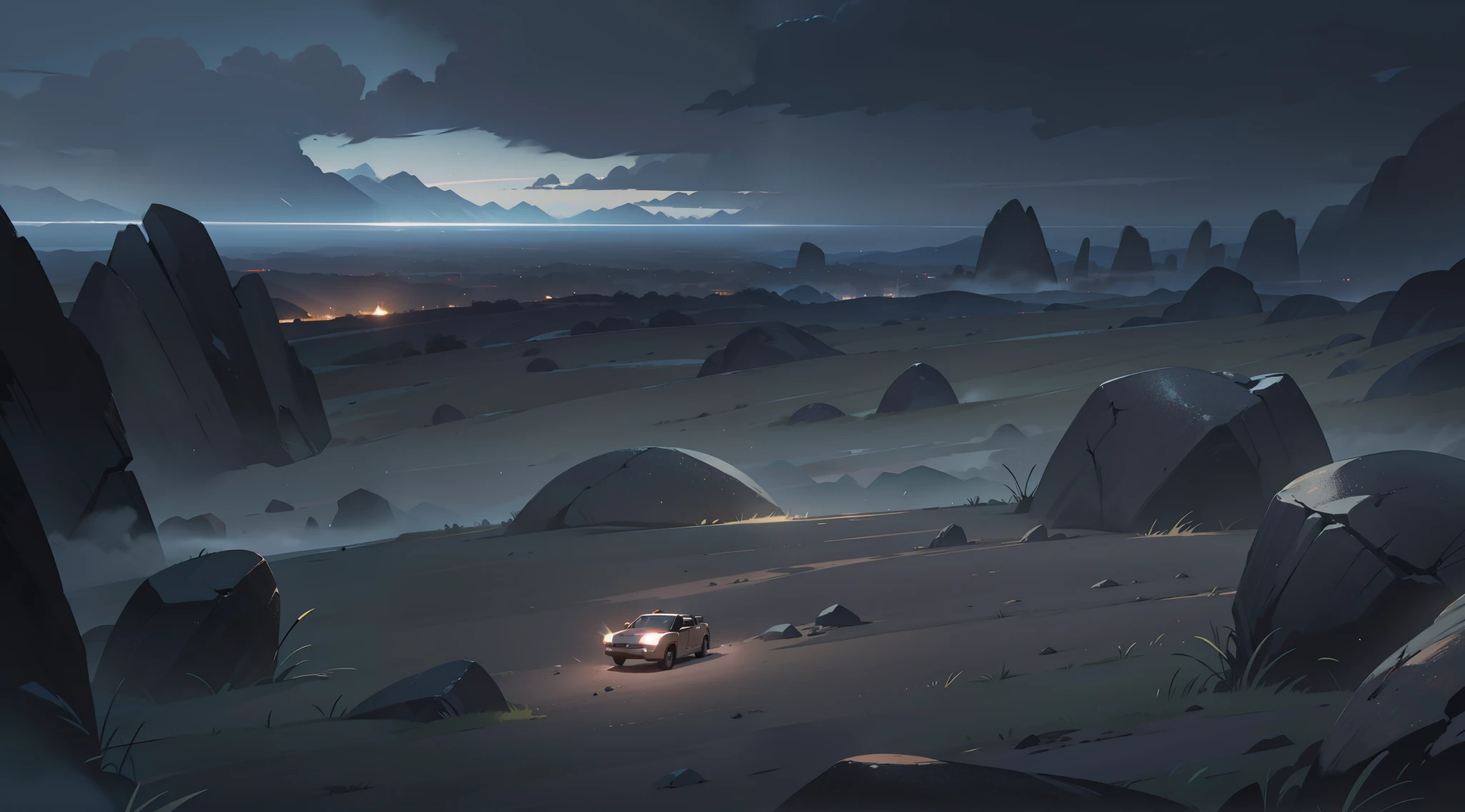 a rock and grey rock ground ,a big ground , outside , very very very very wide shot , helicopter shot , details background , night , dark cloud sky , dark night ,