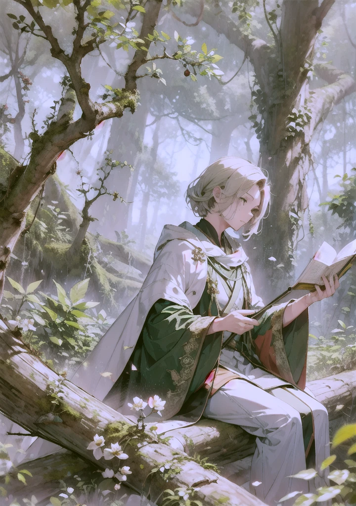 natural lighting, profile, soft smile, male, man, expressive hair, knobby wooden staff, moss green robe, deep forest, Overgrown trees, berries, moss, green tone