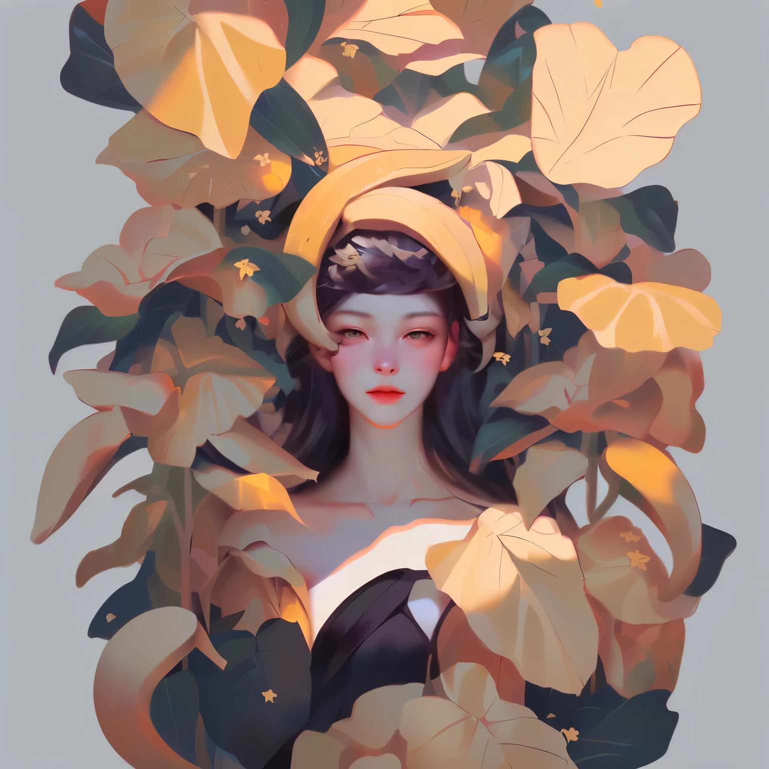 there is a woman with bananas on her head surrounded by leaves, by Russell Dongjun Lu, artwork in the style of guweiz, by Yang J, by Yanjun Cheng, by Li Song, by Yu Zhiding, inspired by Yanjun Cheng, a beautiful artwork illustration, beautiful digital artwork, 2 d illustration, 2d illustration, beautiful digital illustration