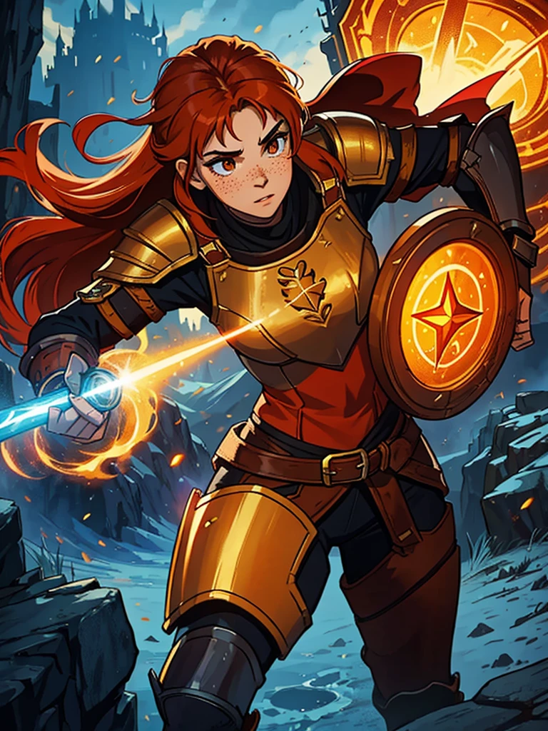 A young red-haired age woman with orange hair and brown eyes she has some freckles and a look of courage she is a warrior wearing a powerful magical armor for a medieval RPG, the background filled with magic and magical lights contour lights and cinematic lights in a mountain fortress, inspired by the Leona of League of Legends, a powerful and resistant armor based on magic and a giant shield