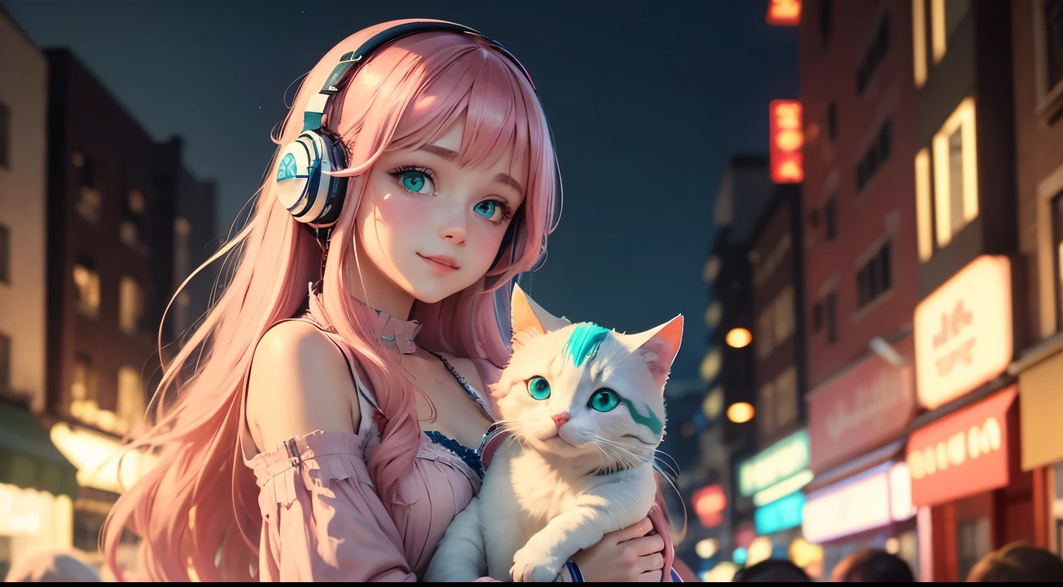 (best quality,4k,highres,masterpiece:1.2),ultra-detailed,realistic,anime,green-blue eyes,long hair,young girl,happy expression,pink dress,holding a cute kitty,wearing headphones,enjoying music,New Year's Eve street,lively atmosphere,decorated with colorful lights,fireworks in the sky,warm and joyful vibe,anime style,soft color tones,natural lighting.