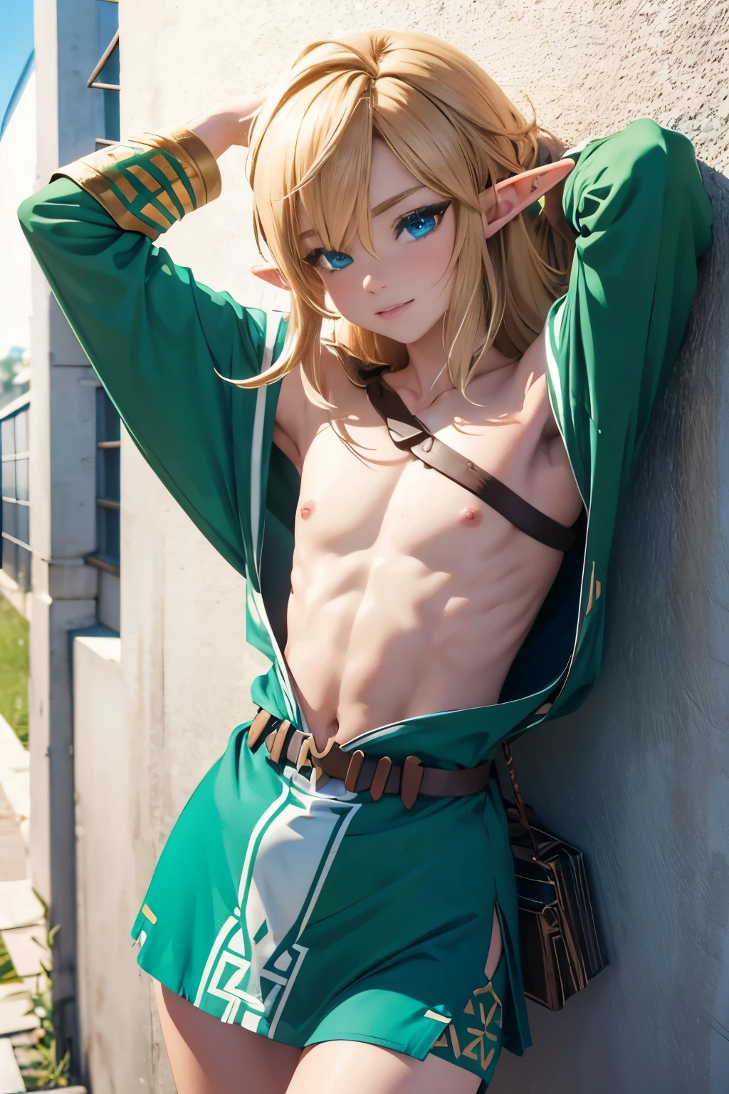 NSfw, link, 1boy, solo, femboy, Elf male, em pé, agarrando a cintura, mãos na parede UHD, cabelos realistas, perfect hands, textura de pele, melhor qualidade de reflexos, roupas detalhada, vestido vermelho curto, mãos, 3d, Cartoon, fundo branco, olhos perfeitos, Penis under clothes