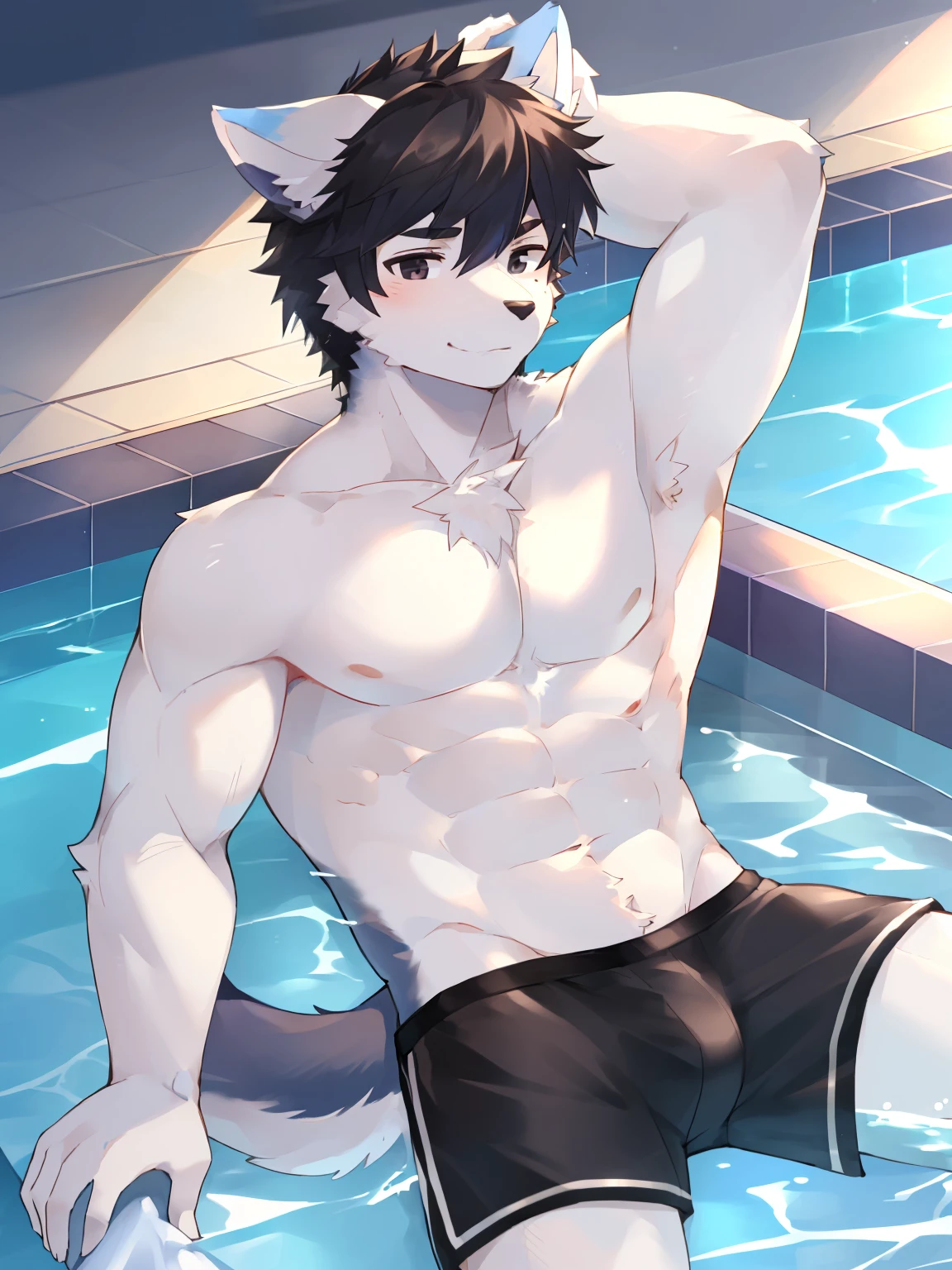 Swimming pool, (1boy), solo, male anthro, kemono, white fur, black hair, (white torso), muscle, hunk, sexy, handsome boy, detailed eyes, white eyebrow, black boxer, (masterpiece), soft skin, warm air, wolf ears, black eyes, black tail, 4K picture quality, beautiful CG.