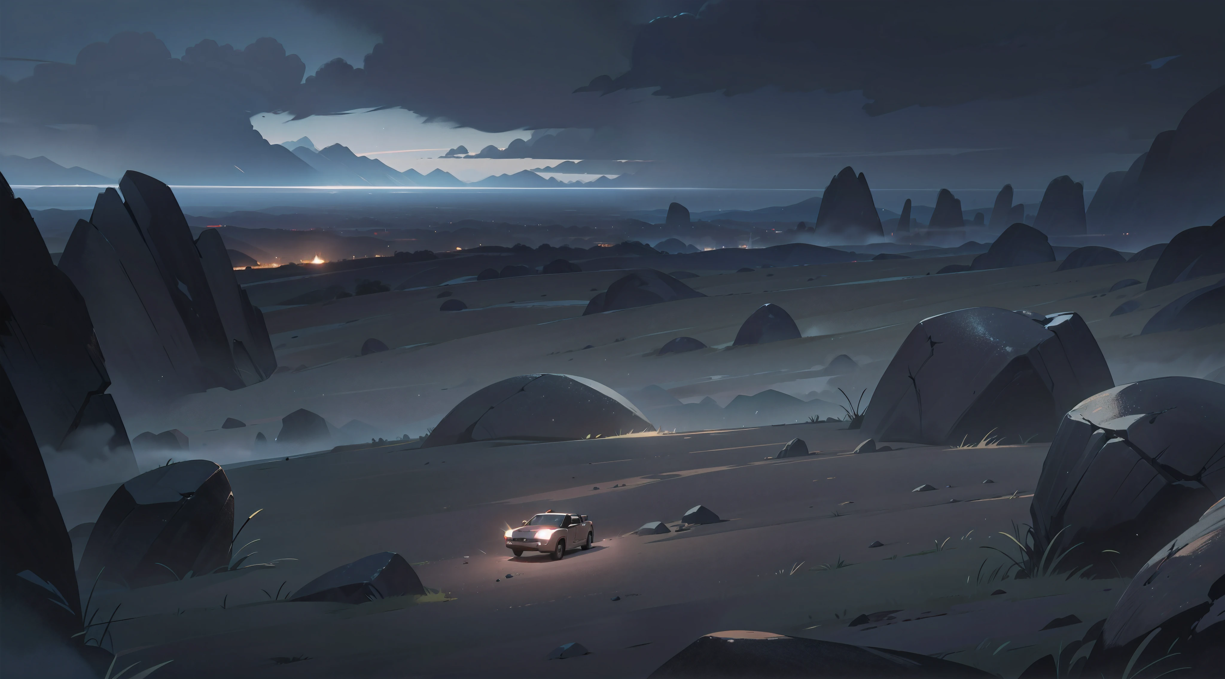 a rock and grey rock ground ,a big ground , outside , very very very very wide shot , helicopter shot , details background , night , dark cloud sky , dark night ,