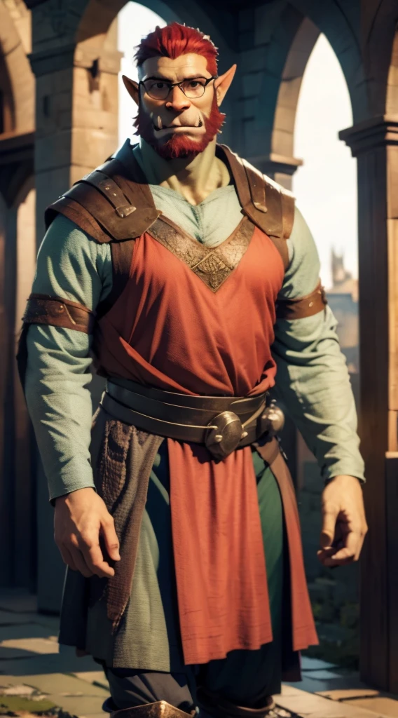 tall,  skinny, Half Orc, male, wearing a "dark medieval merchants outfit ", "short dark red hair and beard and mustache", wearing small rectangular reading glasses,