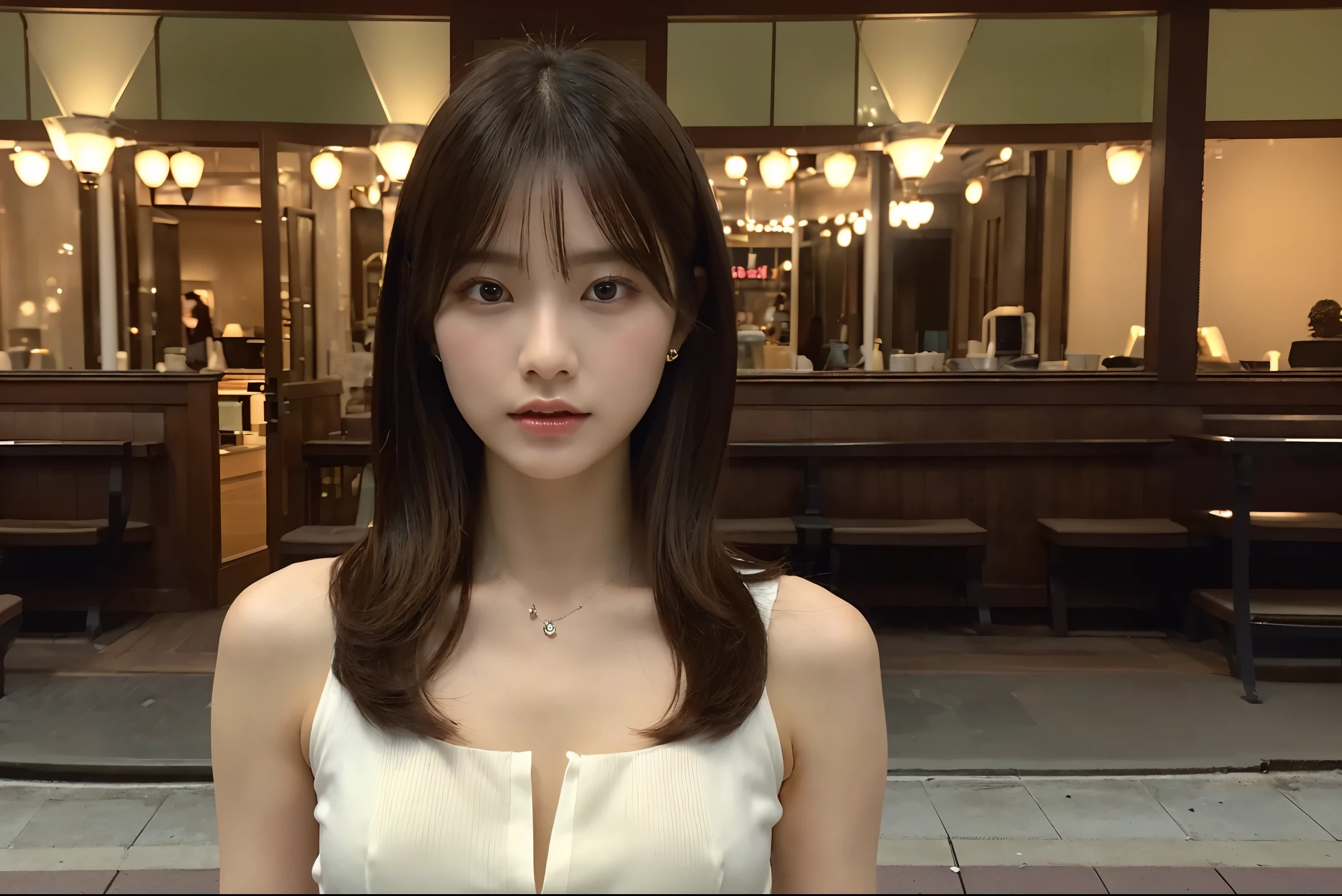 (The ultra -The high-definition:1.5)(ultra-detailliert:1.3) (ultra-quality) (An ultra-high picture quality:1.5) (rialistic photo:1.3) A Japanese Lady 21years old ((detailed and beautiful faces:1.3)) ((realistic skin textures:1.3)) ((Detailed and high quality eyes:1.3)) ((Detailed and high quality ears)) ((Beautiful, very fair and transparent skin:1.3)) ((Beautifully groomed straight short bob hair))Complete body beautiful proportion (Thin sleeveless shirt in fabric) long gathered skirt The background is the inside of a cafe at dusk. Beautiful, luxurious and stylish store ((Looking at the viewer erotically:1.3)) Wet lips ajar huge tit