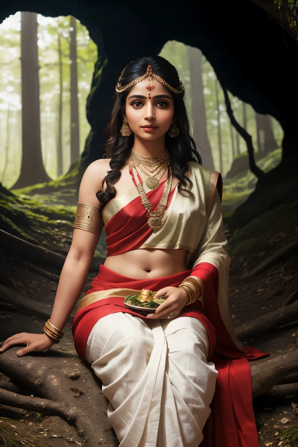 Maa Gouri in a decent form 8k resolution high definition image ultra realistic blur skin face and body colour godess holding trisul in her hand sitting in a cave in a beautiful Forrest full Hed to toe shot , white colour skin, 
red sari, looking into camera