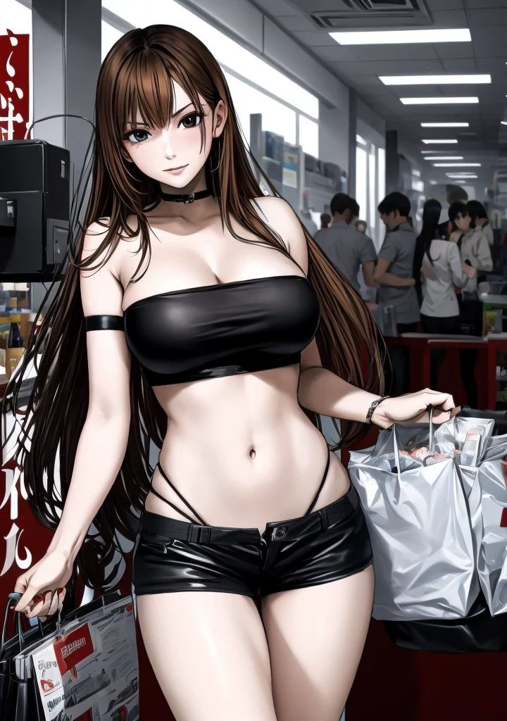 A beautiful adult woman with shoulder-length hair, big breasts, and beautiful legs is standing in a supermarket wearing a black tube top that exposes her navel and hot pants that look like black panties, glaring at an office worker and blushing.。