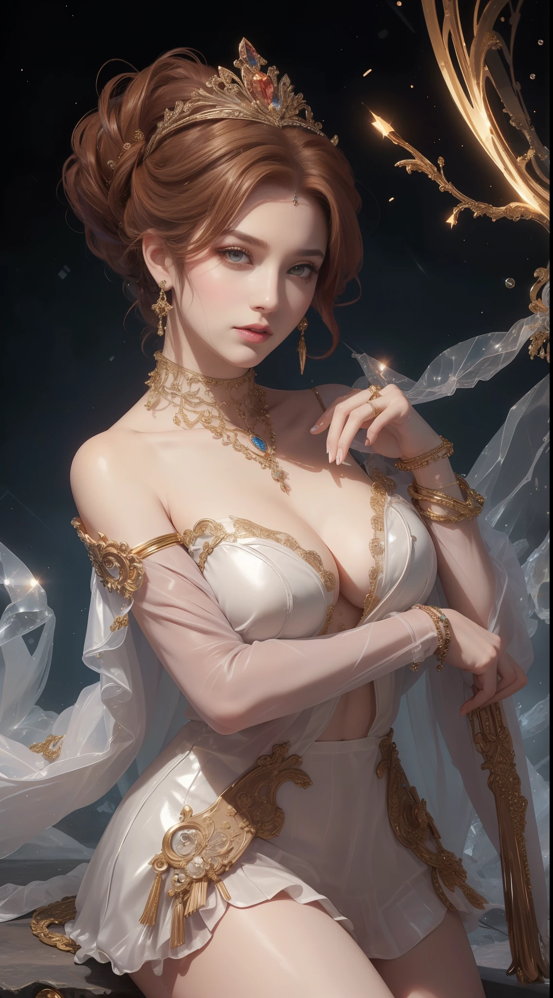 (Highest quality,8k,High resolution,masterpiece:1.2),Very detailed,(Realistic,Realistic,Photorealistic:1.37),Portraiture,Creative style artwork,historic,Classic,Sophisticated,Variety of colors,Very detailed,Soft lighting,Luxurious surroundings、,Bright flowers,Elaborate jewelry,Ethereal atmosphere,Elegant pose,Graceful curves,Gold Body Proportion,Flowing Hair,Breathtaking textile patterns,Stern purple eyes,Delicate floral decoration,A stunning array of crystal accessories,Mysterious and dreamy atmosphere,Perfect attention to detail.伯爵令嬢とloverが見つめ合い幸せに笑う姿、lover、like、Sparkling