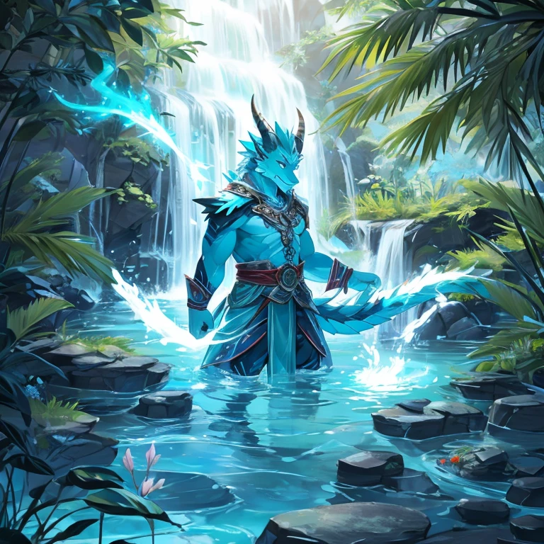 Red Dragon Man，peacful，a plant，Magic，cyan colors，water flowing