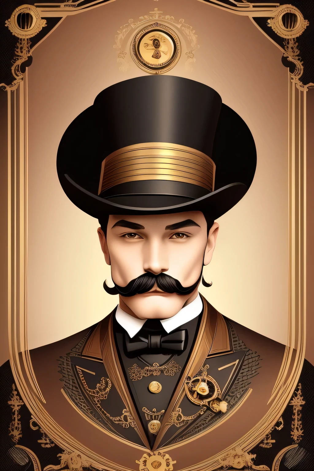 there is a man with a mustache and a top hat, vector art inspired by J. C. Leyendecker, behance contest winner, digital art, top hat and luxurious moustache, steampunk male portrait, wear an elegant mustach, in style of digital illustration, gentleman, steampunk illustration, handsome man, wearing steampunk top hat, epic portrait illustration