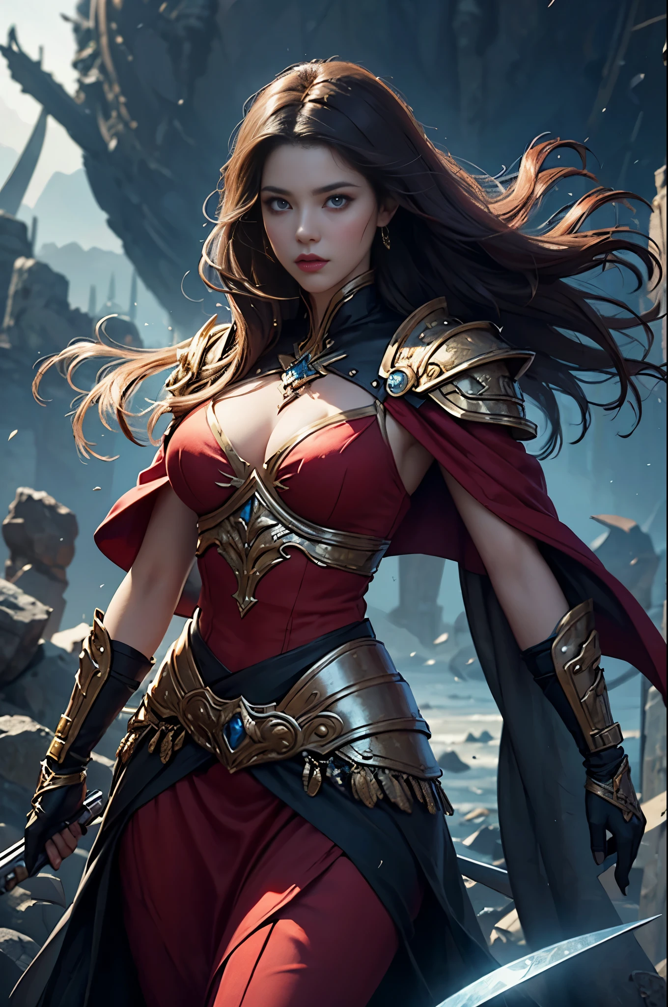 an arab woman wearing black and red costume、, a character portrait by Yang J, cg society contest winner, Fantasy Art, epic exquisite character art, Stunning character art, redhead queen in heavy red armor, 2. 5 d cgi anime fantasy artwork, epic fantasy art style, ig model | ArtGerm, epic fantasy digital art style, Battlefield Commander,A woman in her 30s with unparalleled beauty, Invincible female general, Brave, Awe-inspiring Hall々, extremely detailed and beautiful eyes, perfect supermodel body, slender body, Cloak wrapped in the wind, Battle Master, Veteran Warrior, incarnation of athena, Best Quality, Perfect Angle, perfect-composition, Best Shots, Official art, ciinematic light