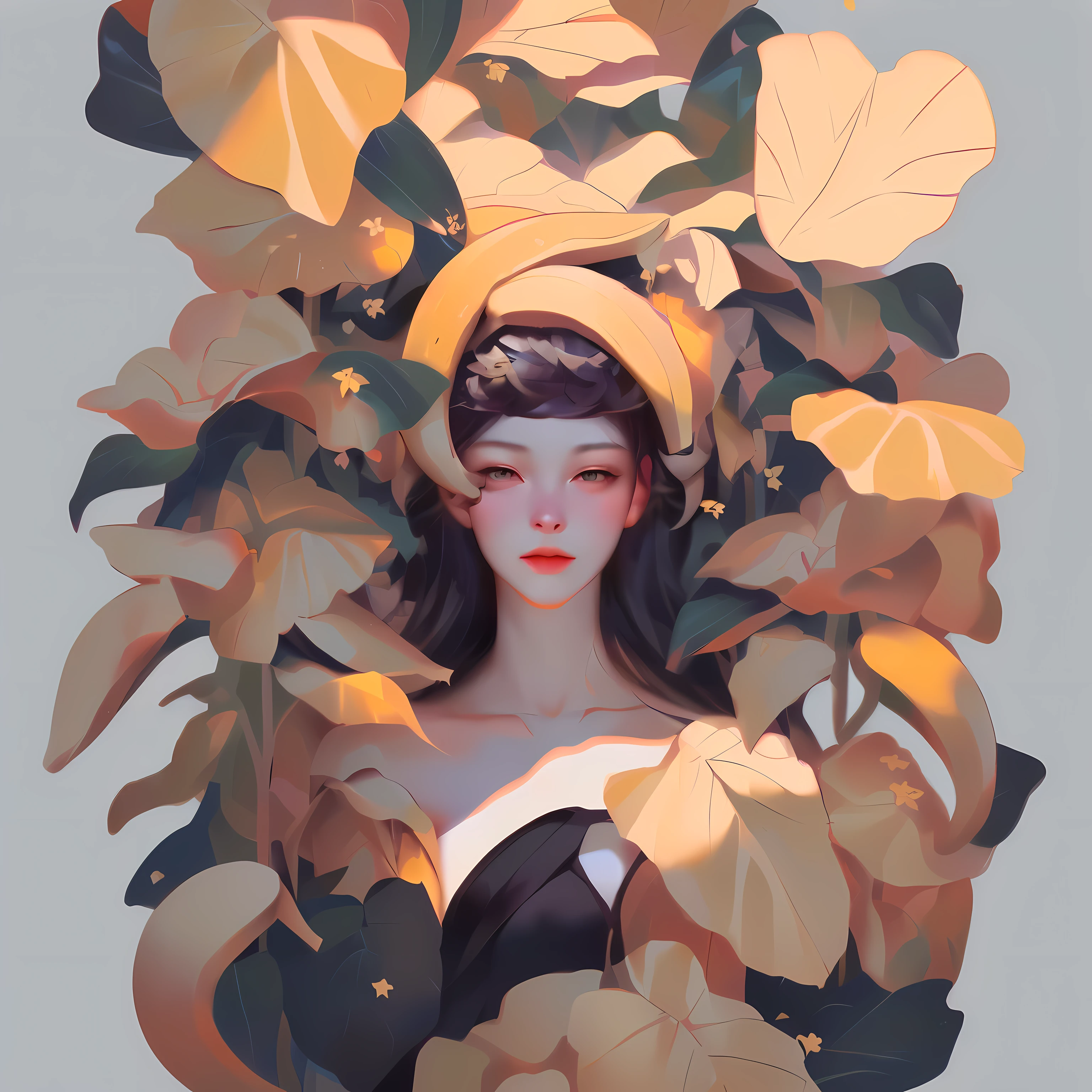 there is a woman with bananas on her head surrounded by leaves, by Russell Dongjun Lu, artwork in the style of guweiz, by Yang J, by Yanjun Cheng, by Li Song, by Yu Zhiding, inspired by Yanjun Cheng, a beautiful artwork illustration, beautiful digital artwork, 2 d illustration, 2d illustration, beautiful digital illustration