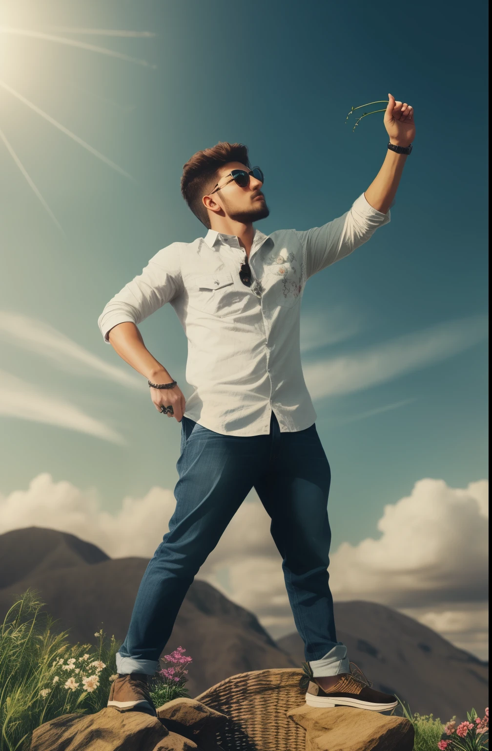 beautiful sky, realistic face, stylish dressing, flower plants, watch, official sheos, cool picture, 4k,8k,full hd
