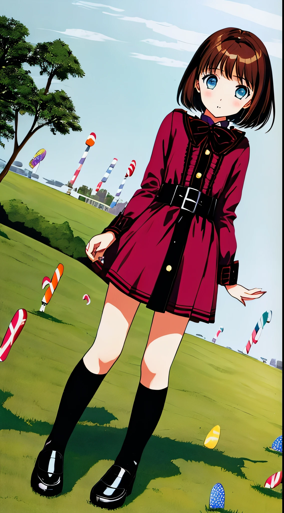 1girl, solo, (Willy Wonka and the Chocolate Factory (1971)), Veruca Salt, loli, Chestnut Brown hair, blue eyes, long-sleeved red button-up short dress with black buttons on the bodice, a white collar, a black broad band around the waist, white fold-up cuffs with lace lining, white tights on her legs, and black patent leather Mary Jane shoes, background, Candy grass hill with candy cane trees, best quality, masterpiece quality