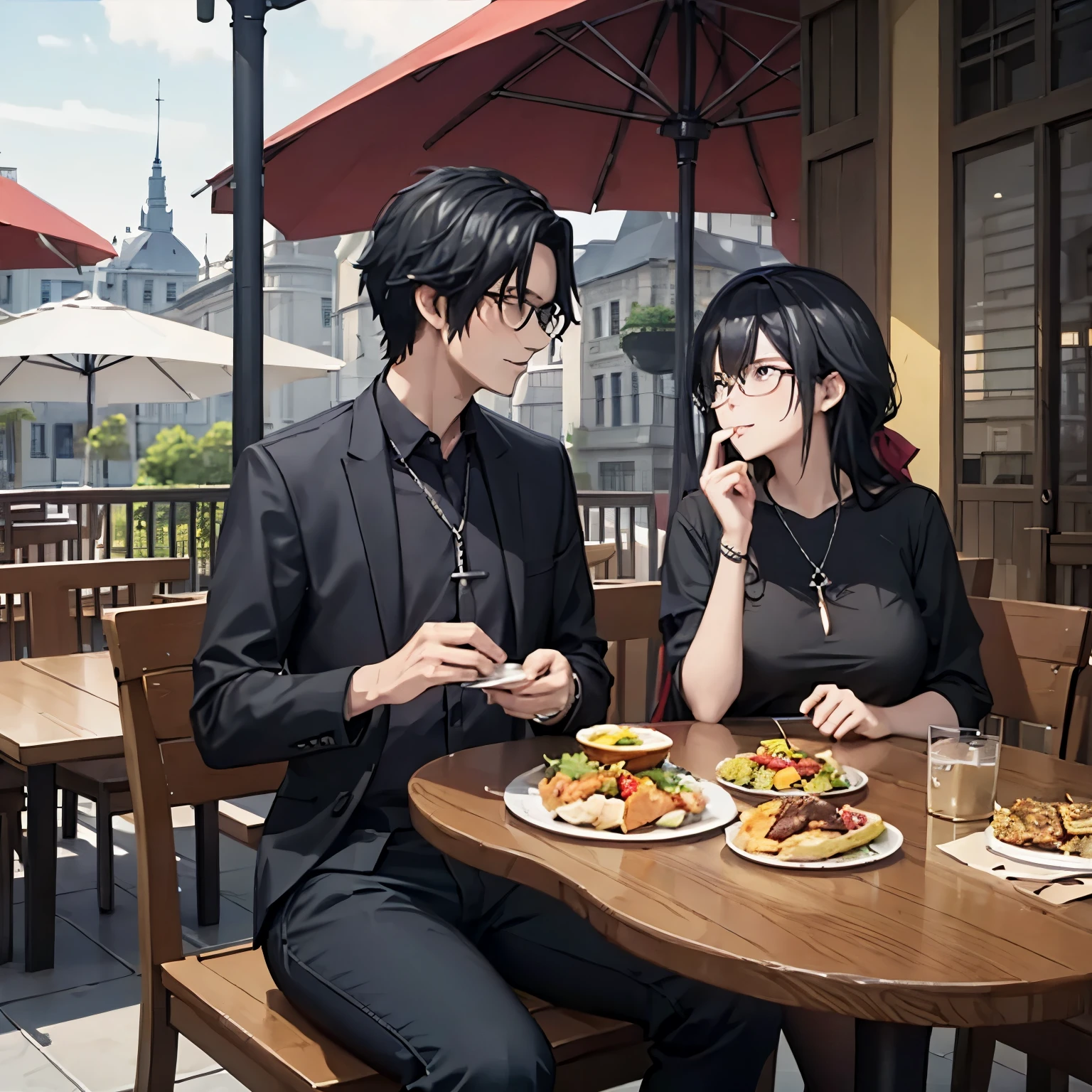 a man in black casual clothes next to a woman having lunch in an open-air restaurant.