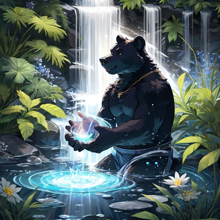 A black bear,a plant,water flowing,peacful,Magic