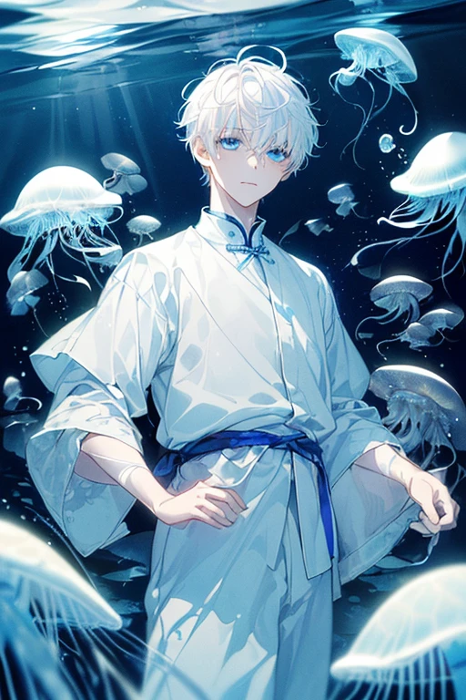 ((masterpiece、top-quality))、(1 boy、独奏:1.4)、beatiful detailed eyes、floting hair、(under the water:1.5)、foam、AngelT、(jellyfish)、fluorescent、sea turtle、sea weed、(white hair,short-hair:1.3),(Blue eyes:1.3)