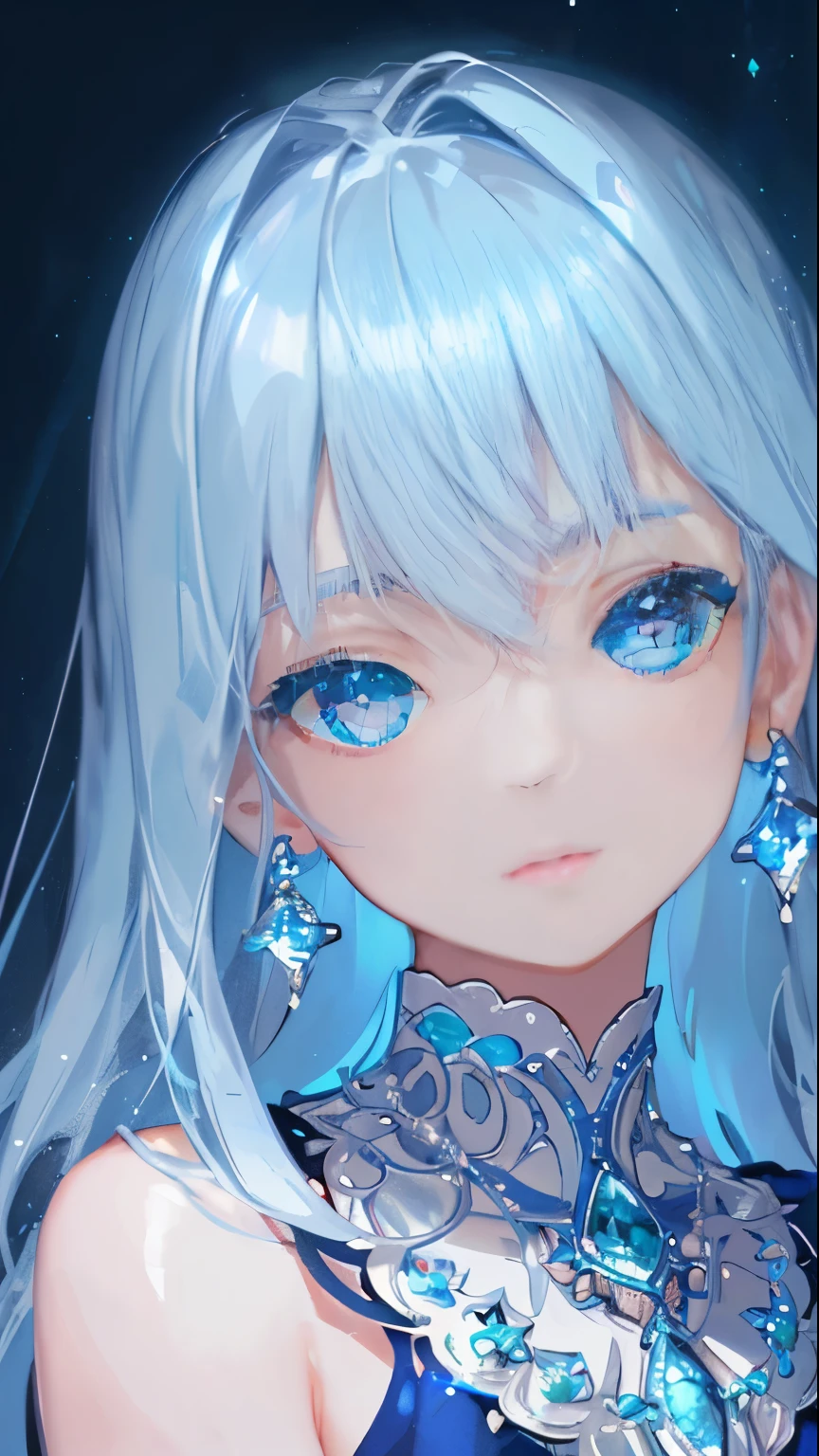 Masterpiece, Best Quality, Illustration, Sax Blue, Platinum Earrings, Platinum Necklace, Blue Dress, 1girl, Cute, (Dynamic Lighting:1.2), Cinematic Lighting, Delicate Facial Features, Detailed Eyes, Sharp Pupils, Realistic Pupils, Depth of Field, Bokeh, Sharp Focus, (Ultra Detailed, Bloom, Glow:1.4), Many Little Jewels,Angel Wings,Beautiful Abs