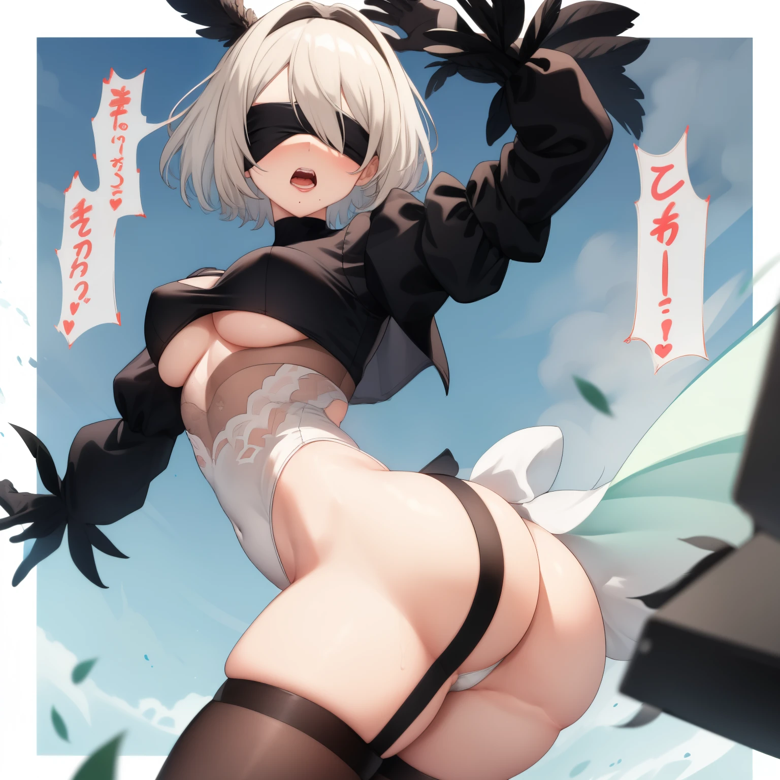 Add motion lines, text to the sound of screaming naked, 1girl, highleg panties, sexy , , without bra, show breasts ass, beach,, masterpiece, best quality, highly detailed, 1girl,hm2b, black blindfold, covered eyes, mole under mouth, clothing cutout, long sleeves, puffy sleeves, juliet sleeves, feather trim, black thighhighs, black gloves, covered navel, (white leotard:1.2)
