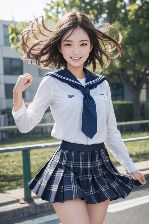 high-level image quality、high-detail、high-class sense、Panting face、Lacking、After being attacked、school girl outfit(Plaid miniskirt)、a sailor suit、Sweating、Expression in a state of excitement、short-hair、eye glass、Jumping、1girl in, Amazing face and eyes, Smile happily, (extremely detailed beautiful face), (School uniform, Pleated mini-skirt:1.3), (Uniform with wide open chest), (Naked_Shirt:), (Best Quality:1.4), (Ultra-detailed), (A hyper-realistic, Photorealsitic:1.37), Beautiful fair skin, extremely detailed CG unified 8k wallpaper, RAW Photos, professional photograpy, Cinematic lighting, Walking, (strong breeze), (Her skirt flutters in the wind:1.7), (white panty:1.5), Outdoors, Commuting to school, crosswalk, Signal, A refreshing morning, Sunlight, View from below