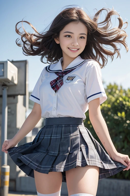 high-level image quality、high-detail、high-class sense、Panting face、Lacking、After being attacked、school girl outfit(Plaid miniskirt)、a sailor suit、Sweating、Expression in a state of excitement、short-hair、eye glass、Jumping、1girl in, Amazing face and eyes, Smile happily, (extremely detailed beautiful face), (School uniform, Pleated mini-skirt:1.3), (Uniform with wide open chest), (Naked_Shirt:), (Best Quality:1.4), (Ultra-detailed), (A hyper-realistic, Photorealsitic:1.37), Beautiful fair skin, extremely detailed CG unified 8k wallpaper, RAW Photos, professional photograpy, Cinematic lighting, Walking, (strong breeze), (Her skirt flutters in the wind:1.7), (white panty:1.5), Outdoors, Commuting to school, crosswalk, Signal, A refreshing morning, Sunlight, View from below