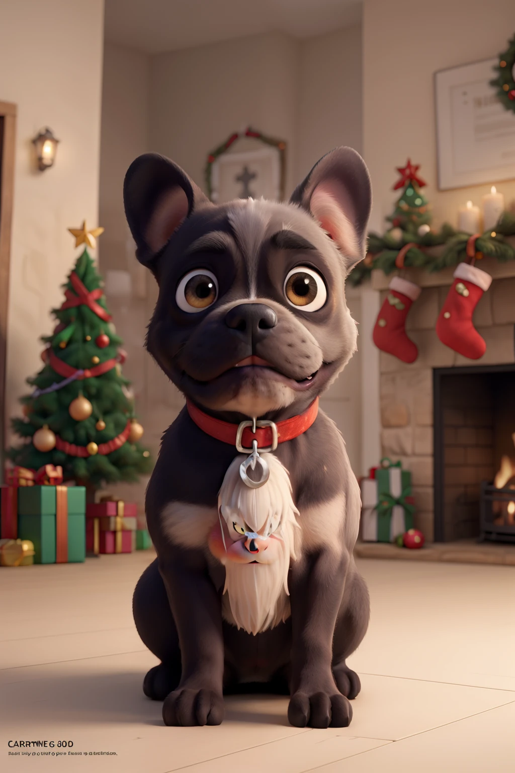 A cute black French bulldog, cabello negro con pecho blanco, with Santa Claus suit, in a beautiful Christmas card, Christmas decorations, flores de pascua y copos de nieve, con el texto "Tulay" en cursiva dorada 3D. 4k