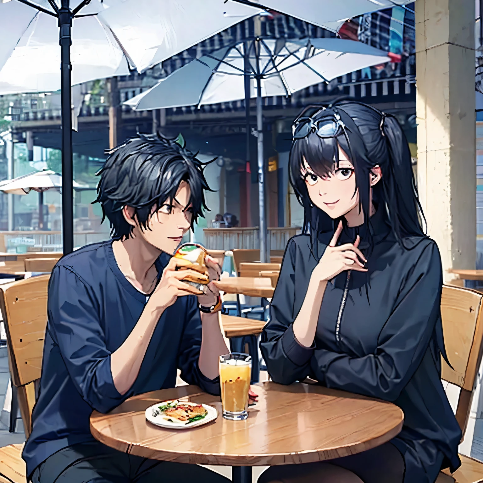 a man in black casual clothes next to a woman having lunch in an open-air restaurant.