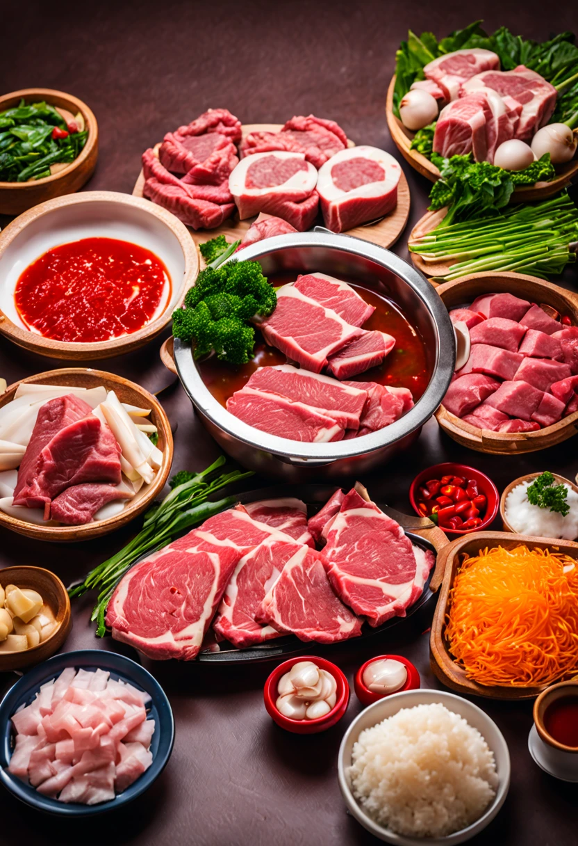 Various beef and mutton ingredients，Hot pot ingredienteef and mutton on restaurant table，tasty